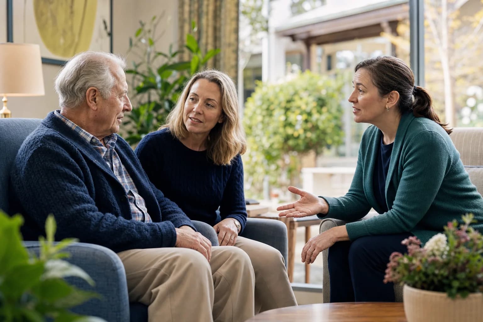 An aged-care leader explains a changed routine to a resident and family member