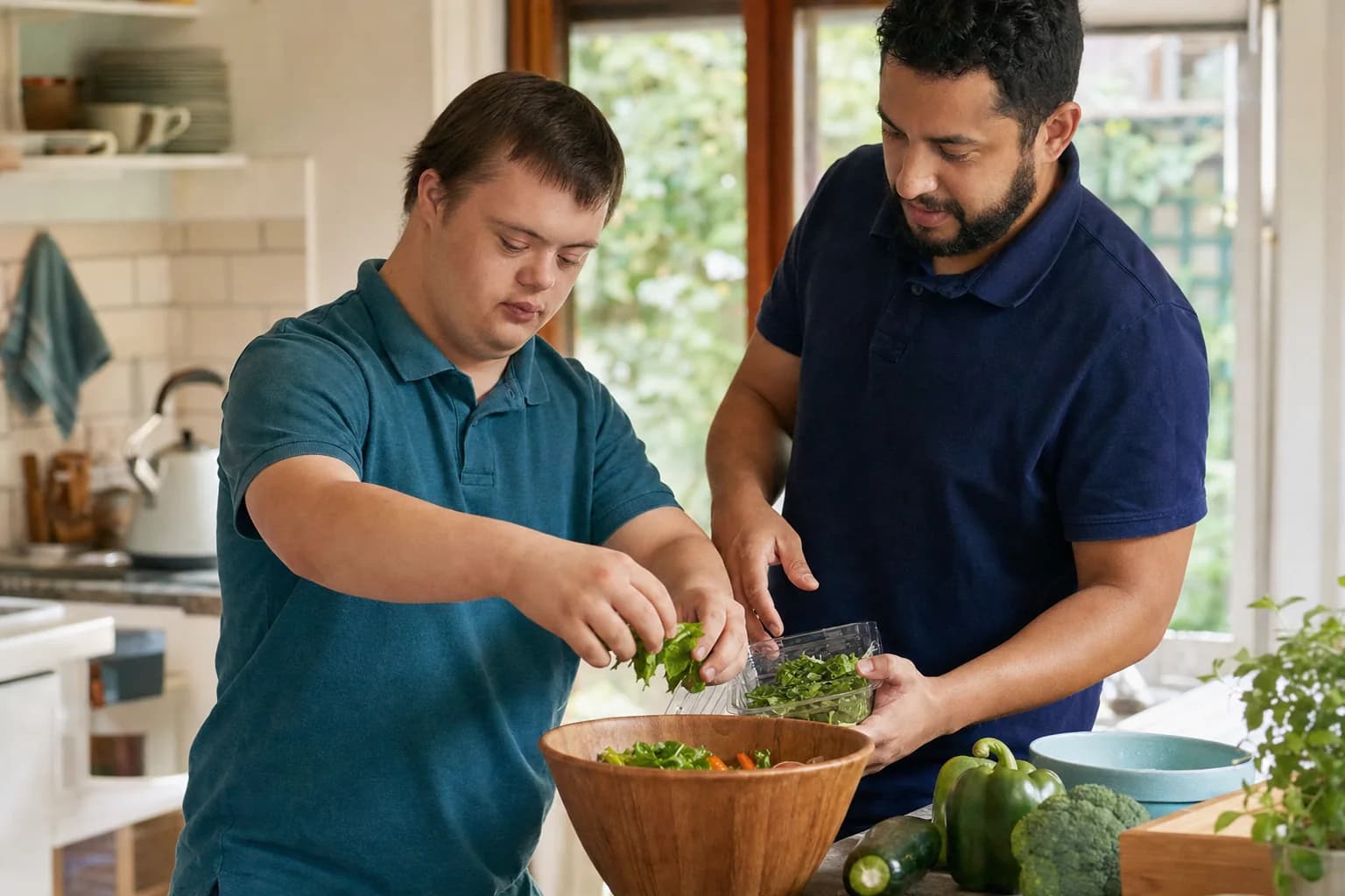 A disabled adult leads food preparation while a support worker assists