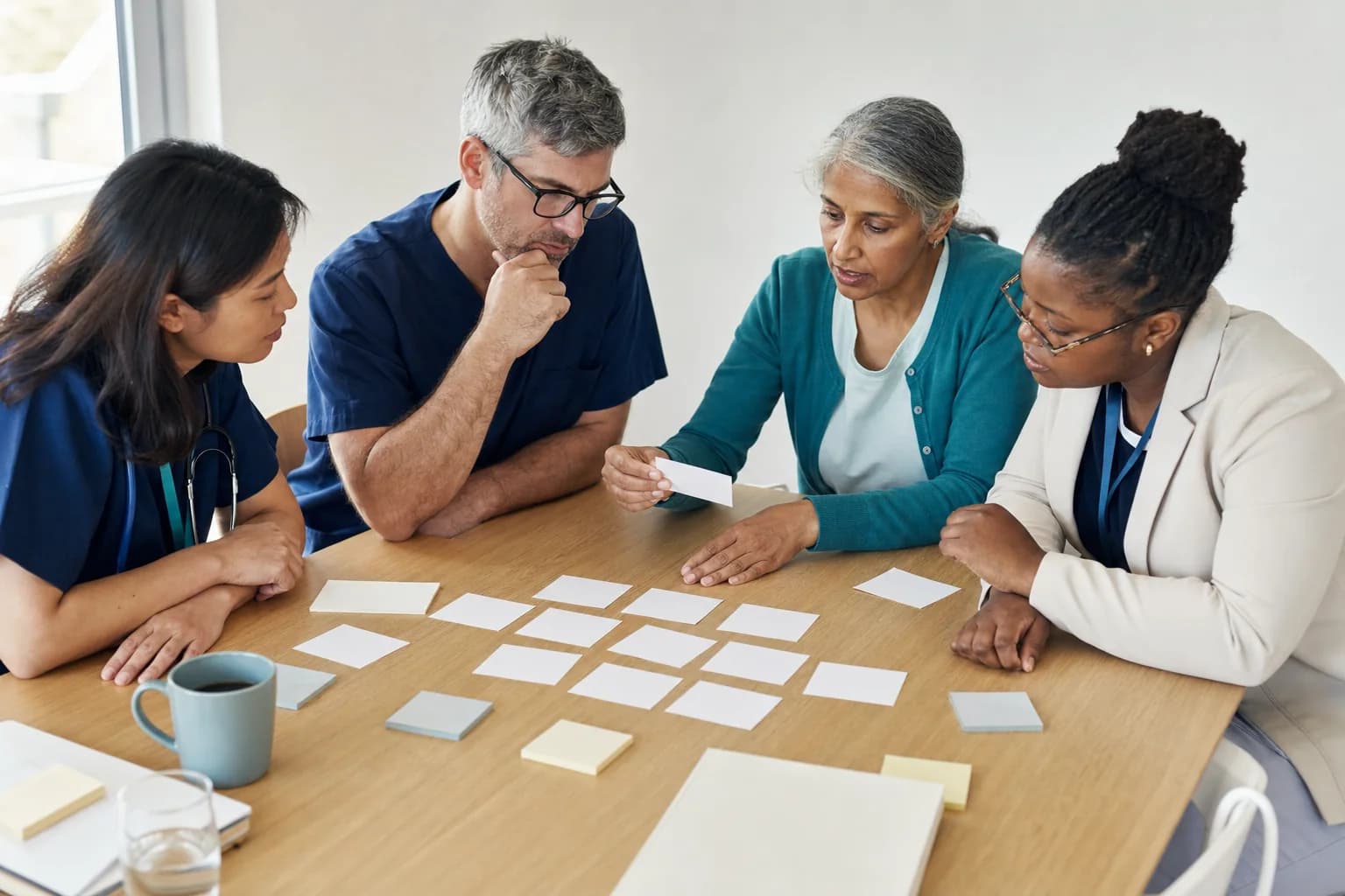 A mixed healthcare team reviews a set of de-identified observation cards together