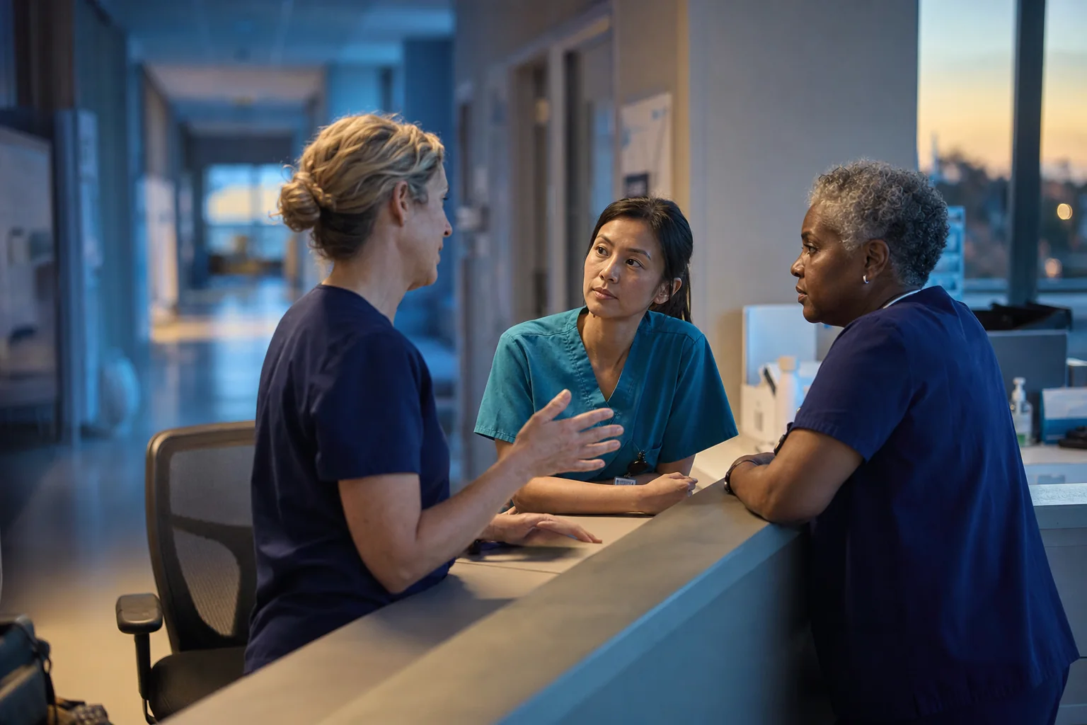 Three nurses listen as a colleague raises a small operational concern during handover