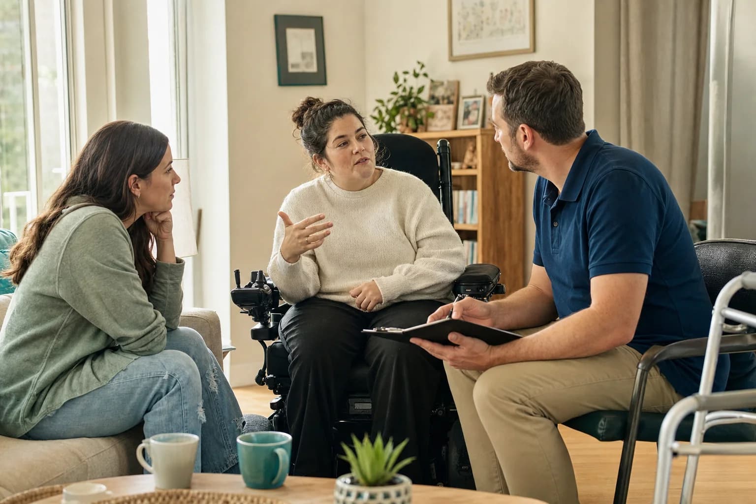 A wheelchair user leads a support-plan conversation with a family member and care coordinator