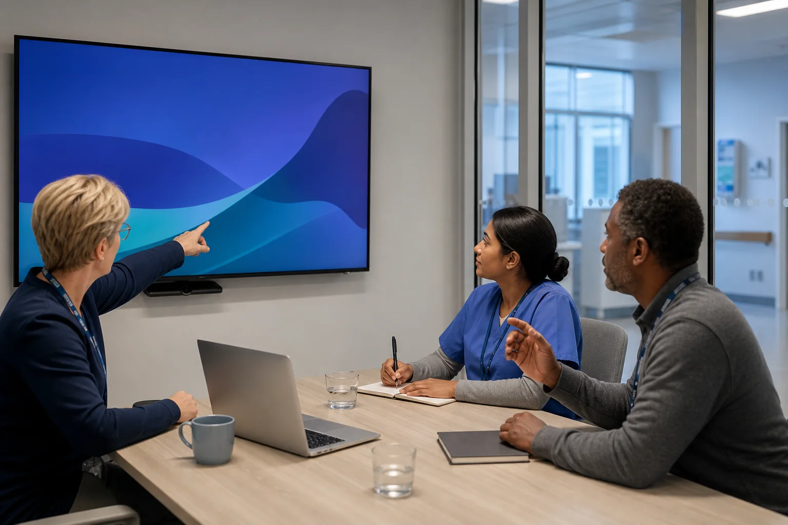 A small healthcare review group discusses one abstract pattern on a screen