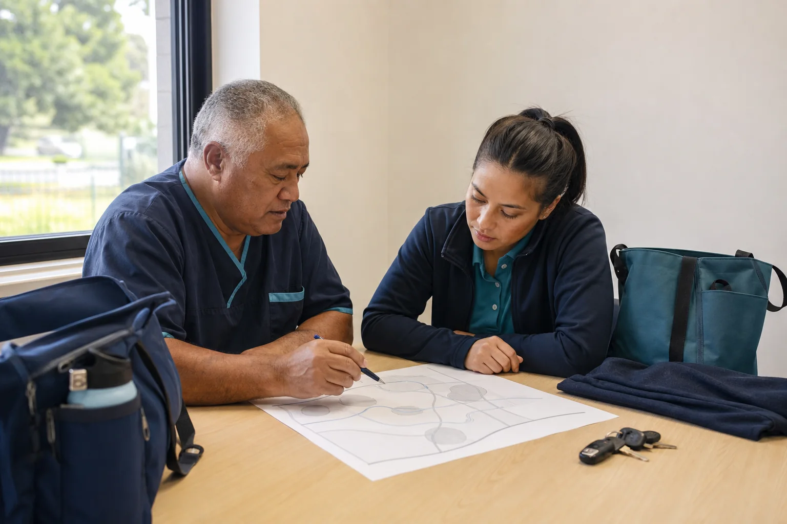 Two community-care workers review an abstract route plan together