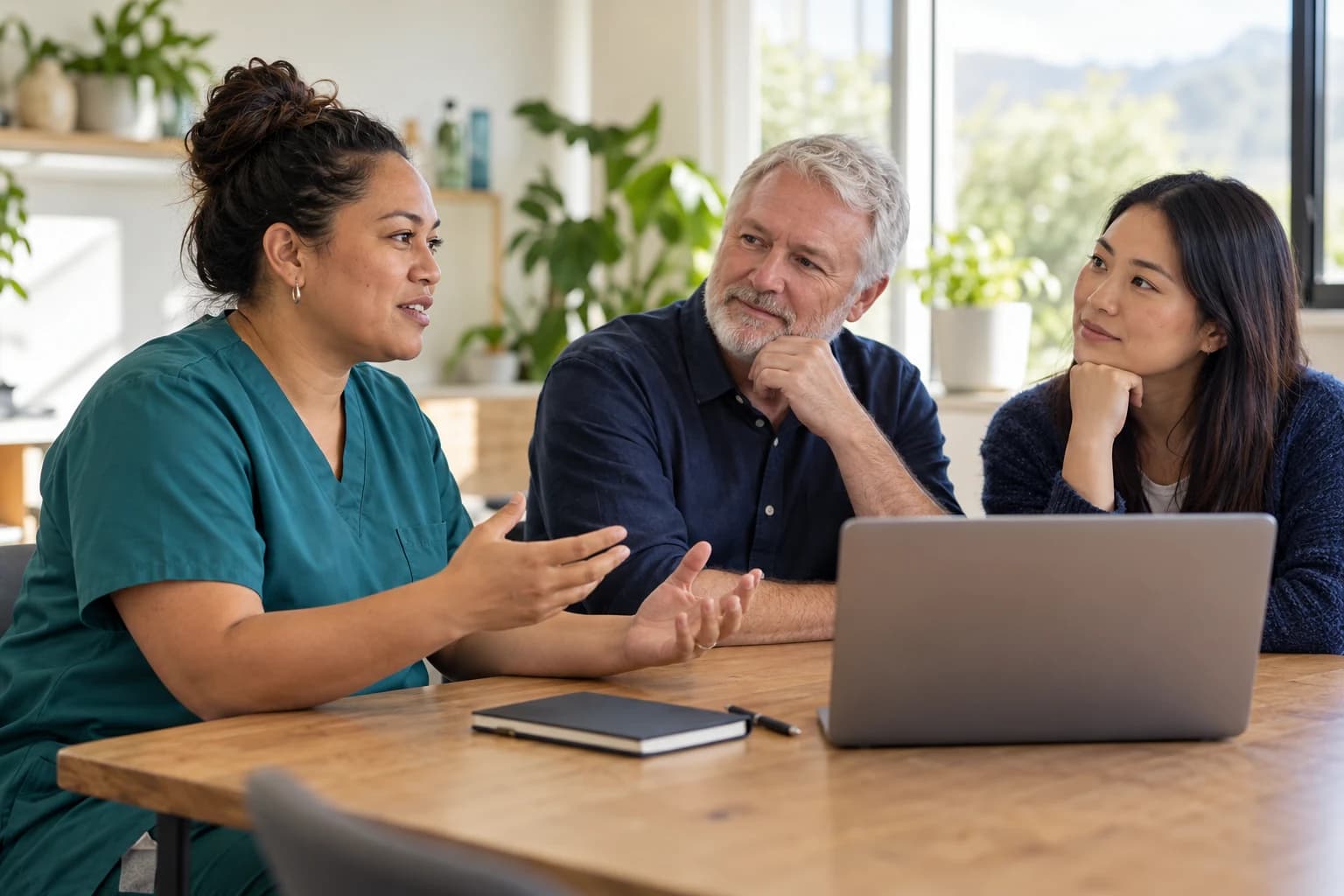 Care colleagues listening and learning together around a table
