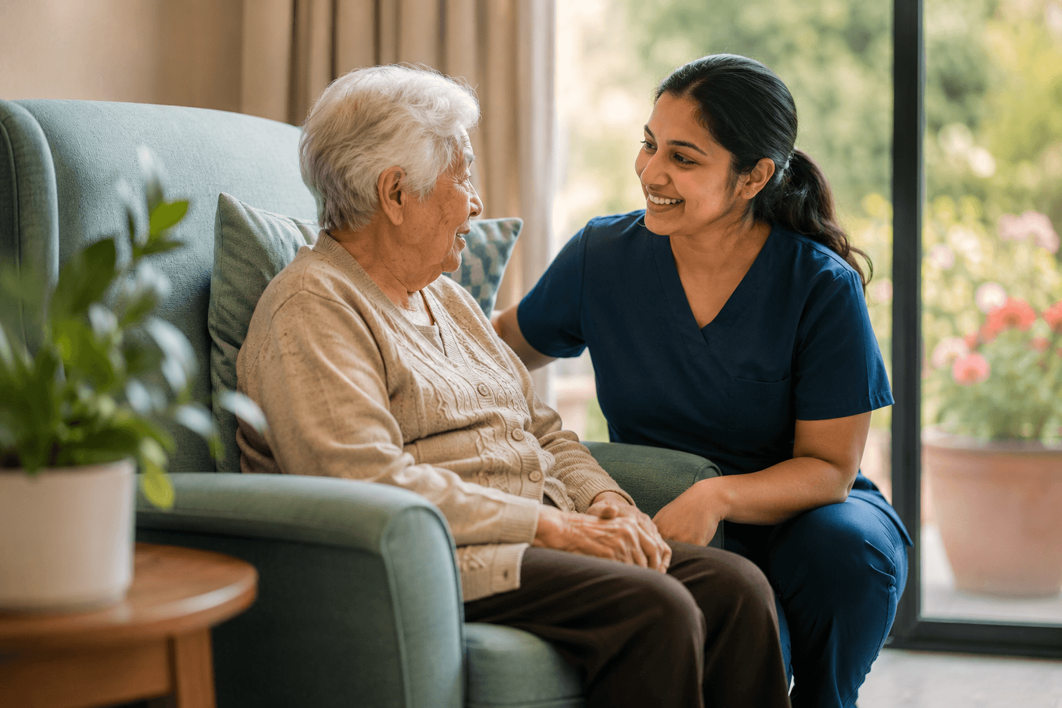 A care worker sitting with a resident in an aged-care lounge
