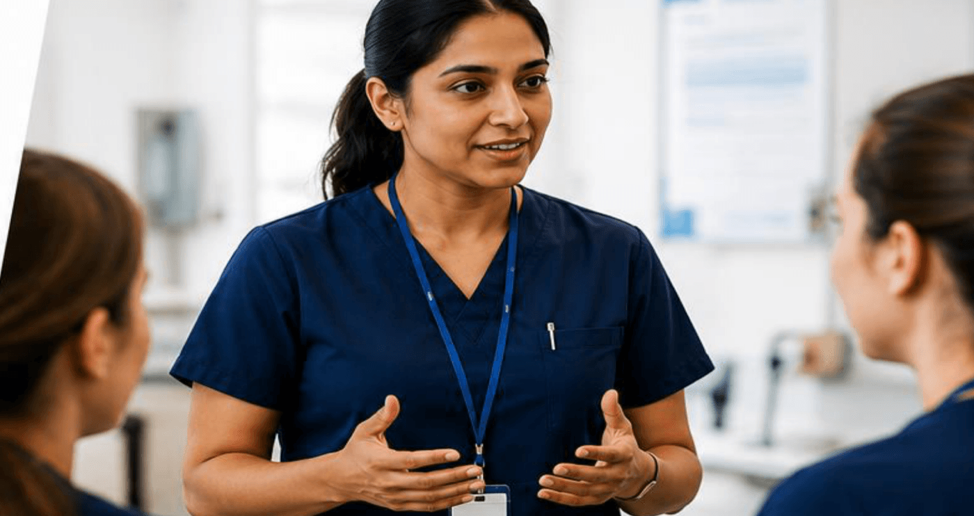 A nurse sharing an observation with colleagues on the unit
