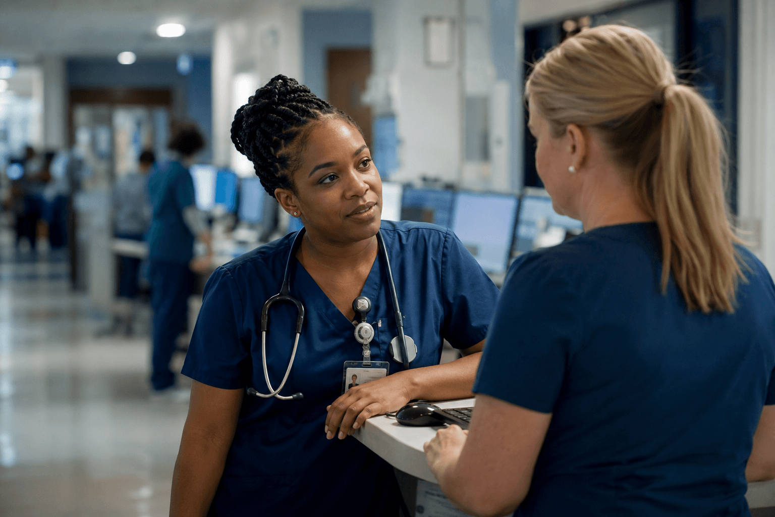 Clinicians comparing notes in a hospital corridor