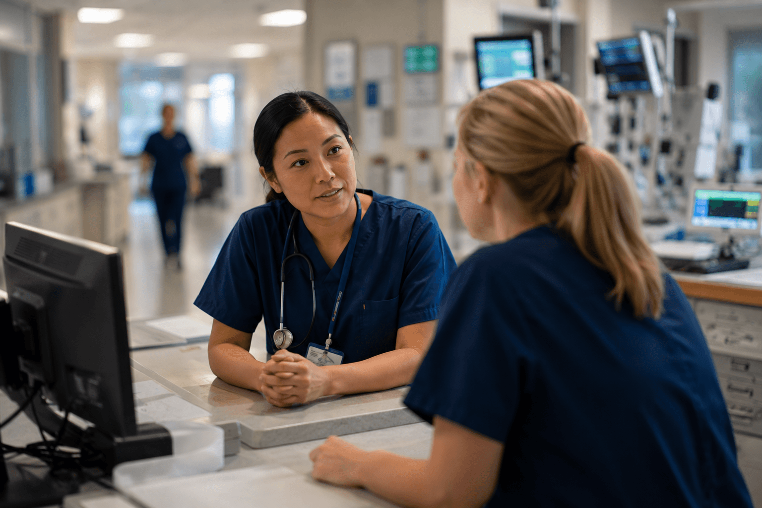 Nurses comparing notes at a ward station