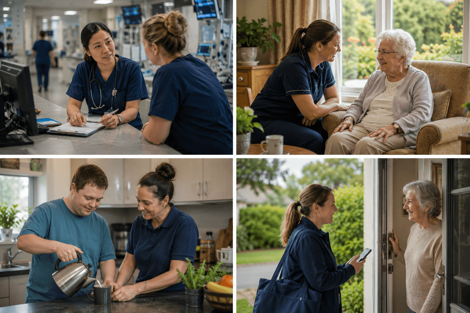 A hospital ward, aged-care lounge, supported-living kitchen and home-care visit