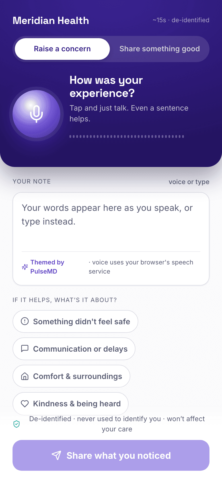 Patient and family capture on a phone: share an experience in voice or text