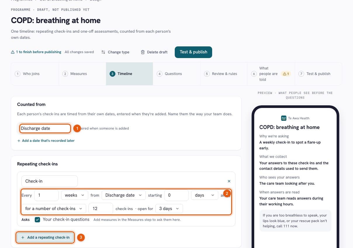 Programme schedule with repeating check-ins anchored to discharge and participant preview