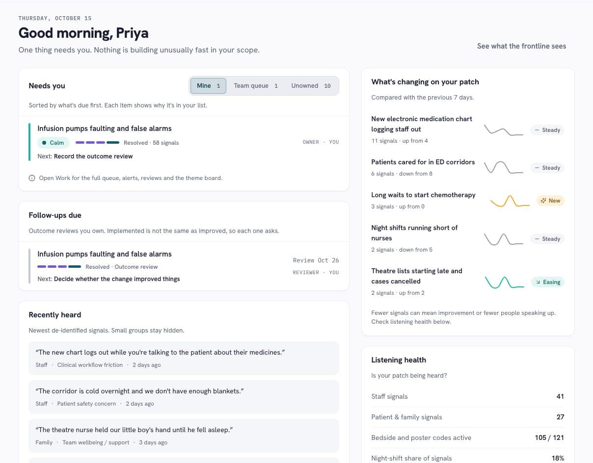 PulseMD workspace showing work needing attention, changing themes, recent feedback and follow-up reviews