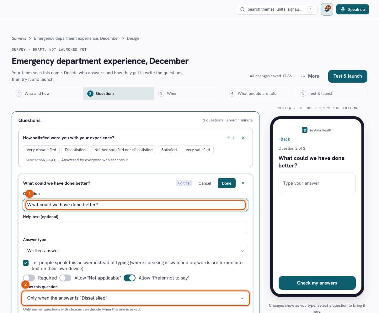 Survey designer showing satisfaction and written questions, conditional branching and a phone preview