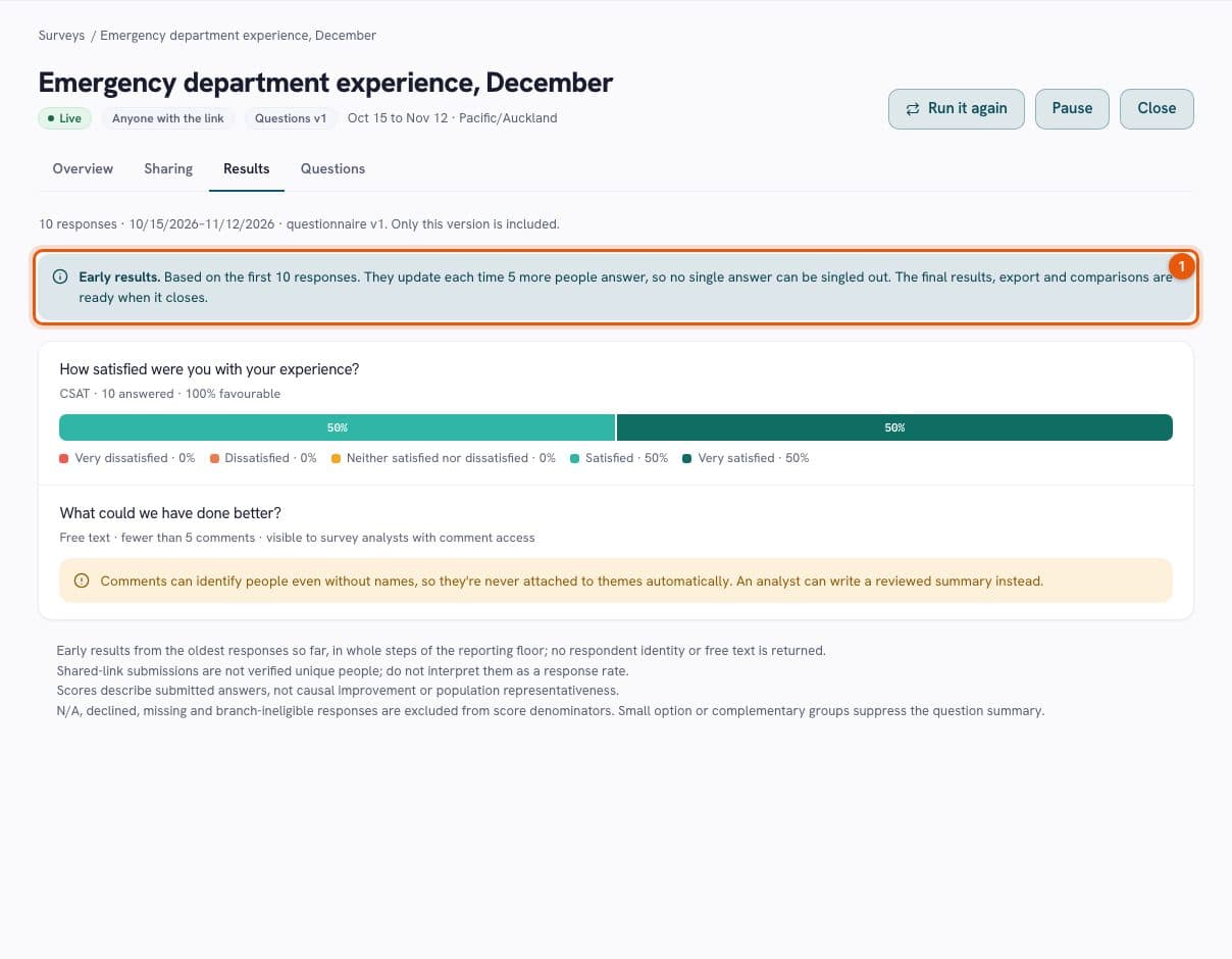 Survey results with satisfaction distribution, reporting context and protected comments
