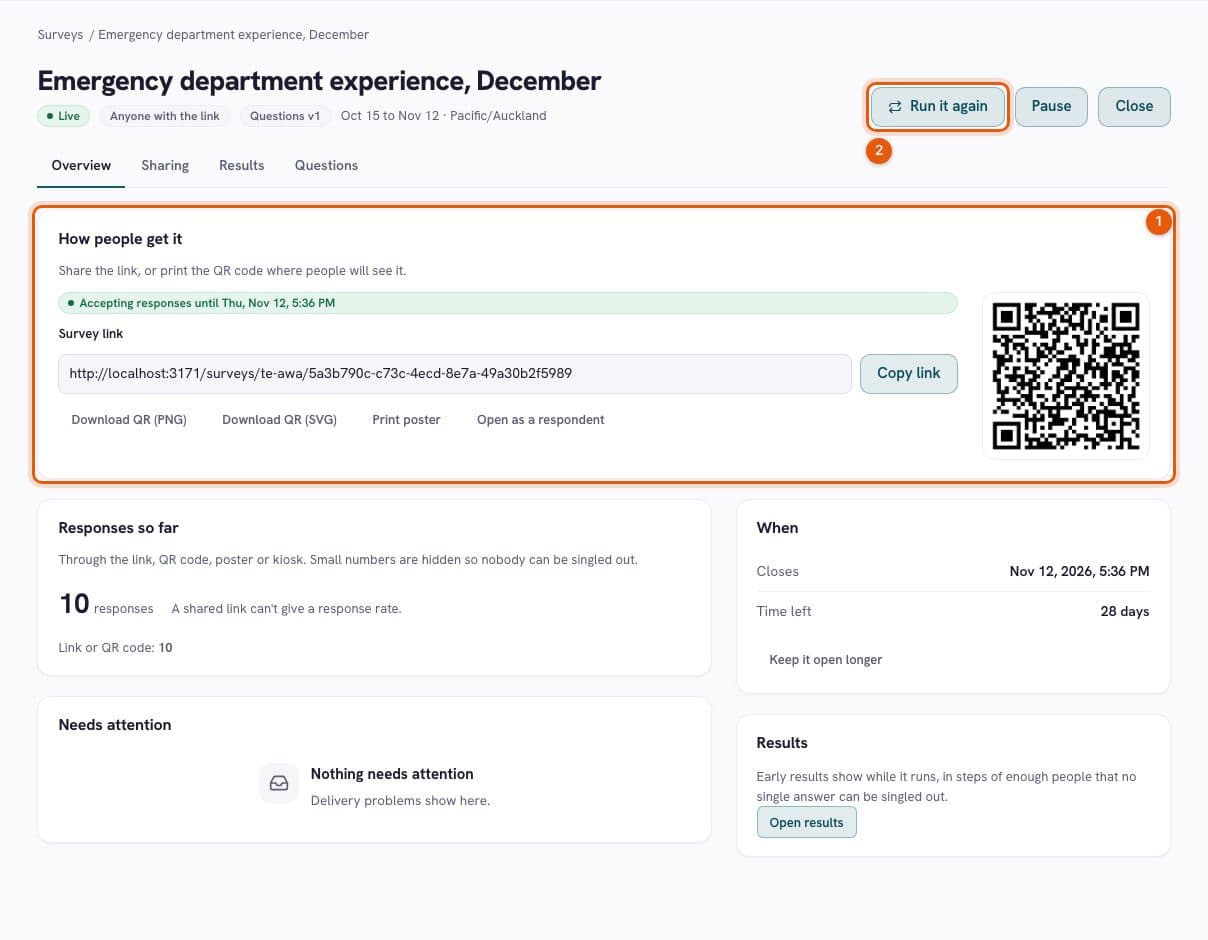 Survey sharing page with link, QR code, poster and response collection status
